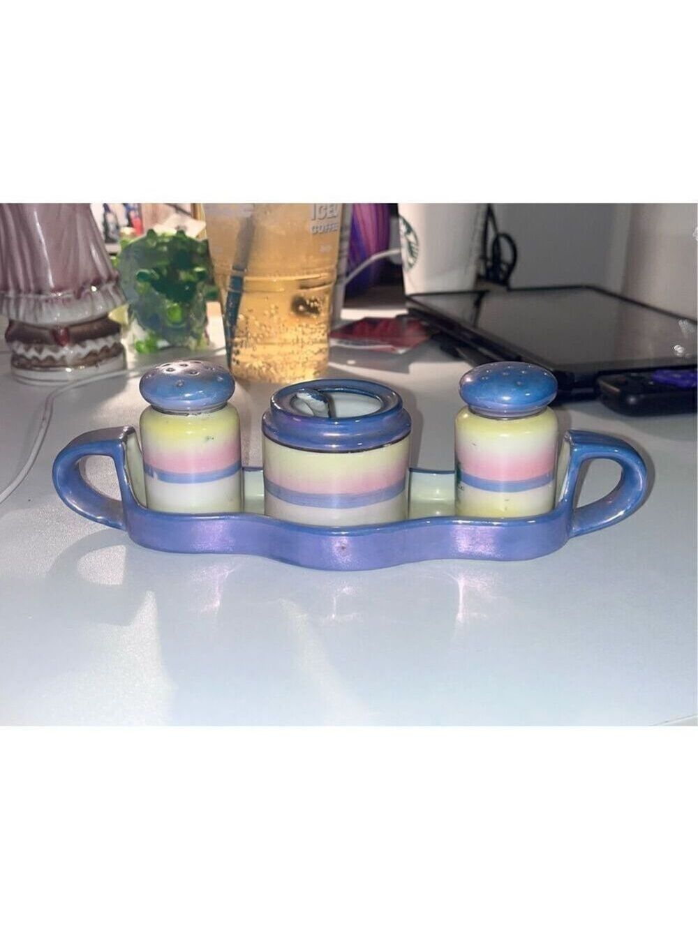 Vintage Lusterware condiment set. Made In Japan Blue Lusterware SP tray spn